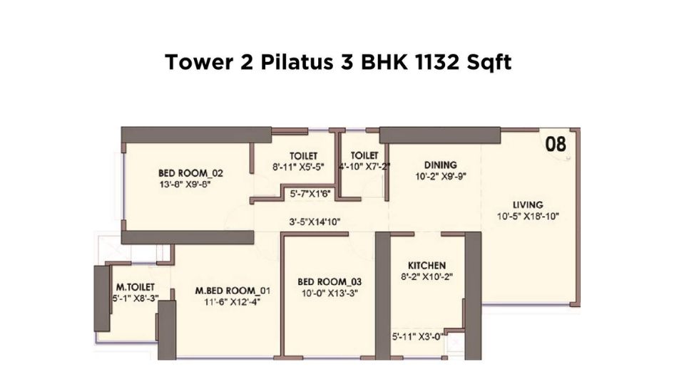 Monte-South-Floor-Plan-Tower-2-Pilatus-3-BHK-1132-Sqft