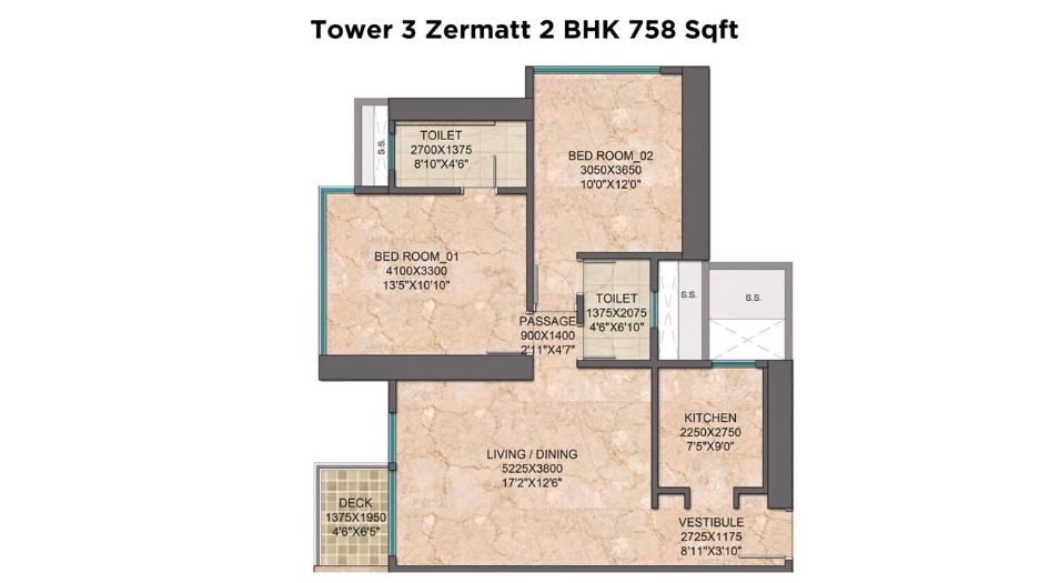 Monte-South-Floor-Plan-Tower-3-Zermatt-2-BHK-758-Sqft