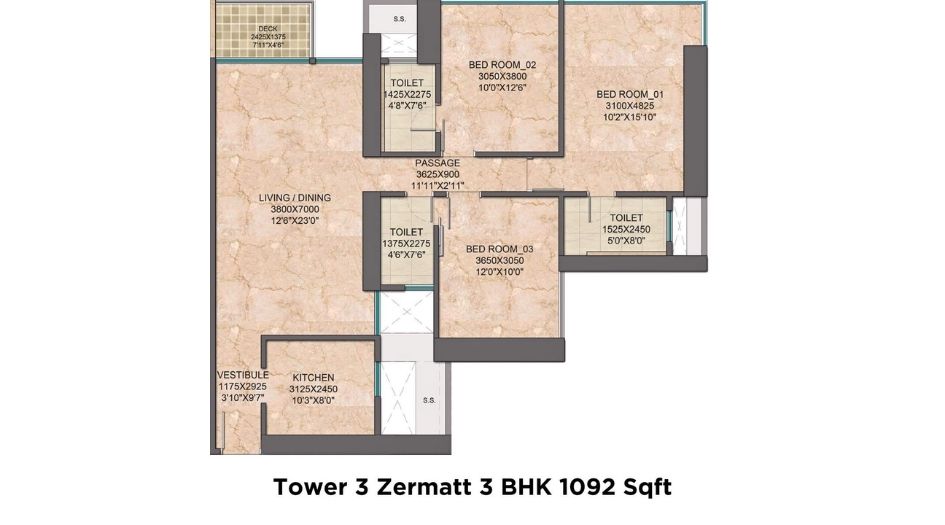 Monte-South-Floor-Plan-Tower-3-Zermatt-3-BHK-1092-Sqft