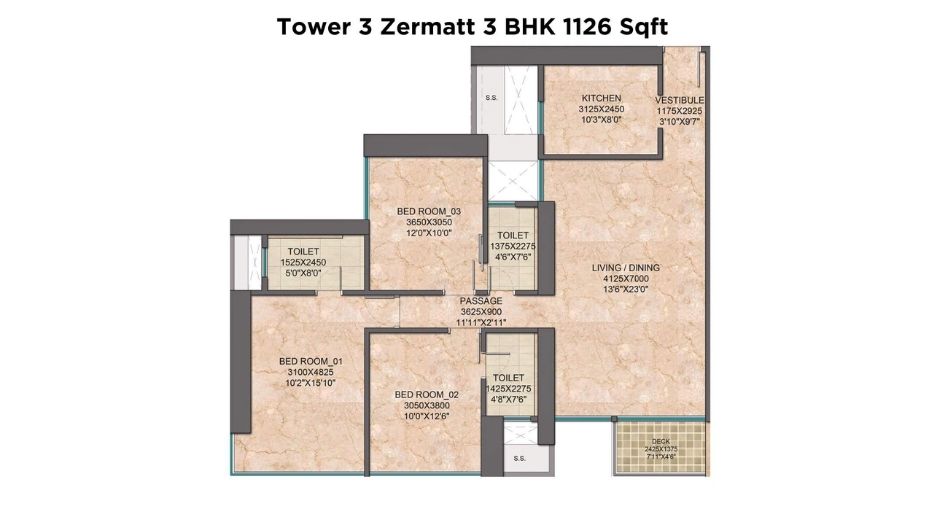 Monte-South-Floor-Plan-Tower-3-Zermatt-3-BHK-1126-Sqft