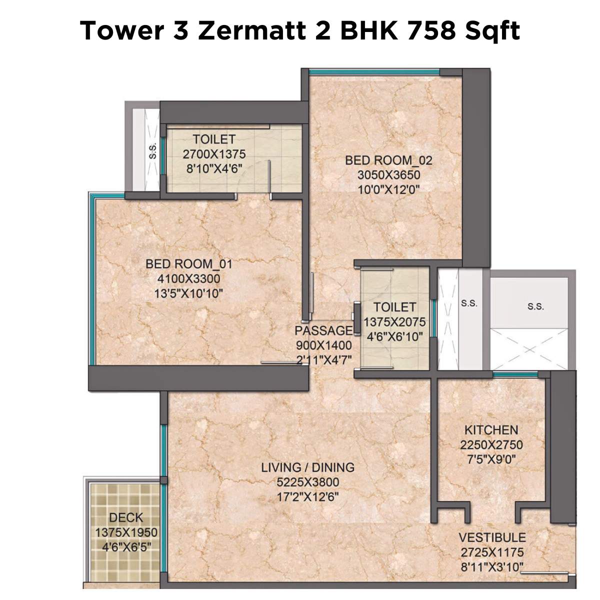 Monte-South-Floor-Plan-Tower-3-Zermatt-2-BHK-758-Sqft