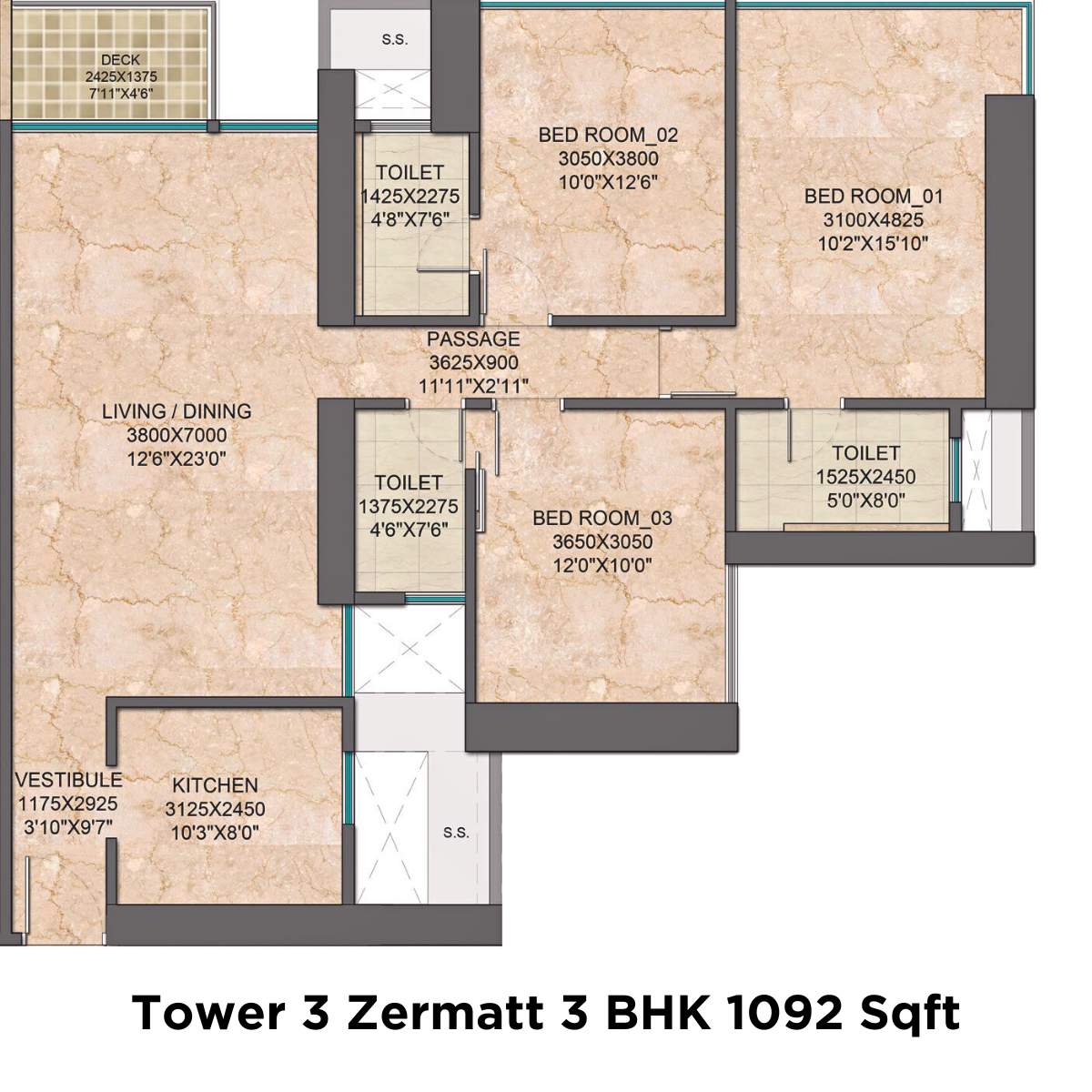 Monte-South-Floor-Plan-Tower-3-Zermatt-3-BHK-1092-Sqft