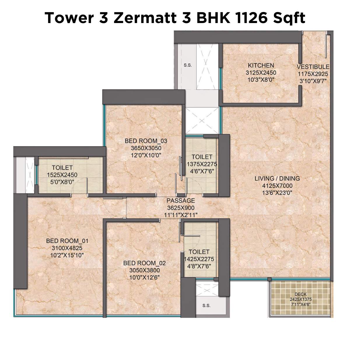 Monte-South-Floor-Plan-Tower-3-Zermatt-3-BHK-1126-Sqft